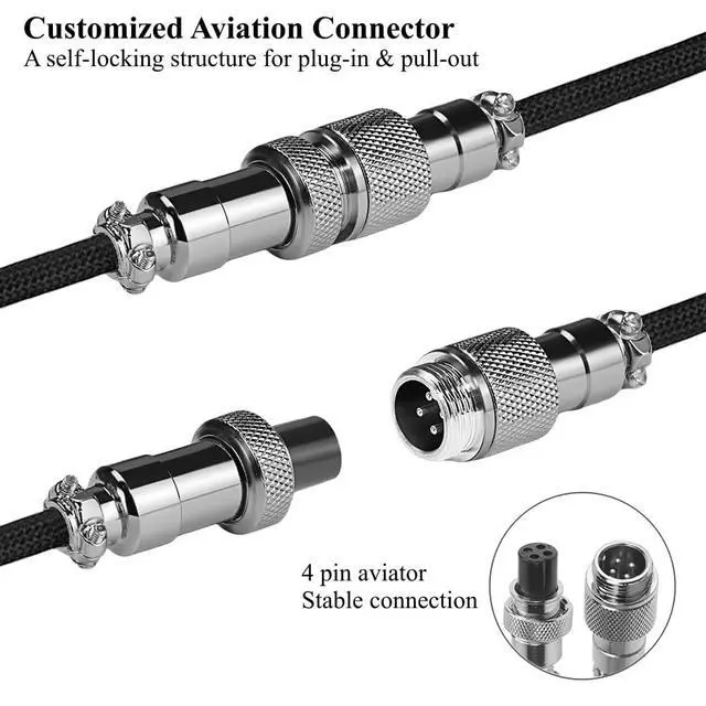 Alt view image 3 of 7 - Coiled Keyboard Cable: 1.5M USB-C to USB-A Braided Cord with Detachable Aviator Connector, Durable & Tangle-Free for Custom & Mechanical Gaming Keyboards (Black)