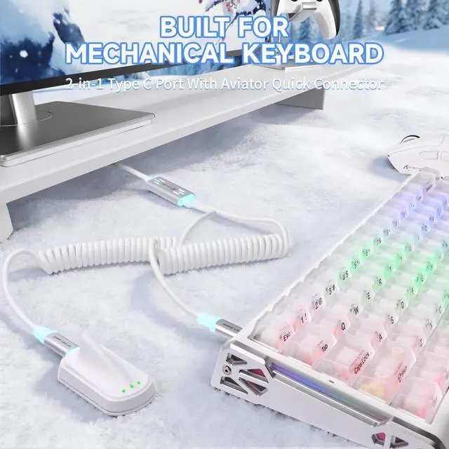 Alt view image 6 of 7 - C08 USB A to Dual Type-C Custom Coiled Aviator Cable with Adjustable RGB Light,4-Pin Steel Aviation Connector,Aluminum Alloy Hub,Pure Copper Core for 8KHz X68 Keyboard R11 R5 Mouse(White)