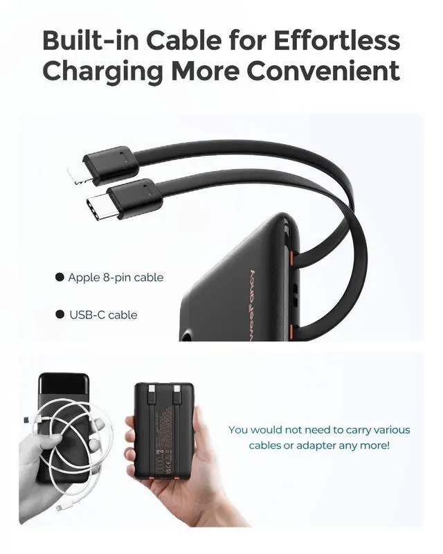 Alt view image 6 of 7 - ViewSonic Mini Portable Charger with Built-in Cables10000mAh 22.5W Fast Charging Power Bank,Smaller USB-C Battery Pack for iPhone,Samsung,Android,Flight&Travel-Friendly,TSA-Compliant
