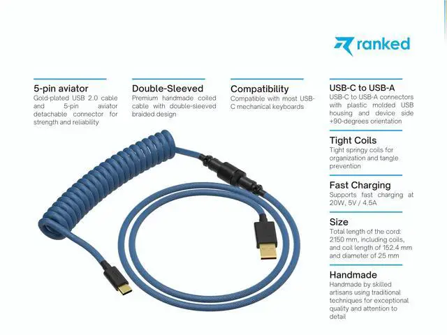 Alt view image 2 of 7 - Ranked Coiled Keyboard Cable | Handcrafted Double-Sleeved Braided Cable | USB Type C to A | 5-Pin Aviator Connector for Custom Mechanical Gaming Keyboard | Support Fast Charge 20W (Skydiver)