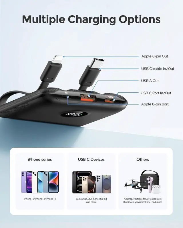 Alt view image 4 of 7 - ViewSonic Mini Portable Charger with Built-in Cables10000mAh 22.5W Fast Charging Power Bank,Smaller USB-C Battery Pack for iPhone,Samsung,Android,Flight&Travel-Friendly,TSA-Compliant