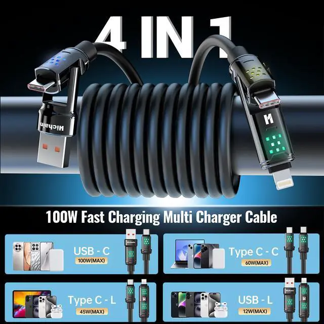 Alt view image 2 of 7 - USB C to Lightning Cable, 100W 4 in 1 Multi Charging Cable with Light for iPhone 17 16 15 14 Pro/MacBook/iPad, Chubby USB A/C to C/Lightning Charging Cord - 4FT