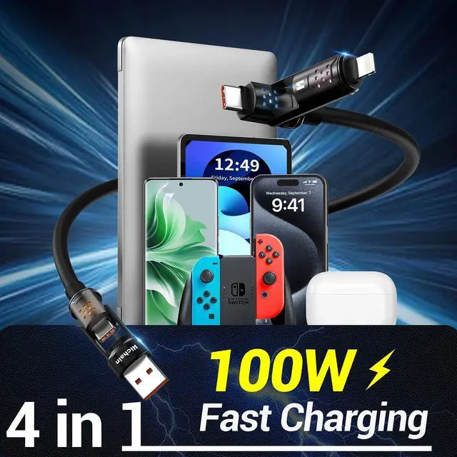 Alt view image 3 of 7 - USB C to Lightning Cable, 100W 4 in 1 Multi Charging Cable with Light for iPhone 17 16 15 14 Pro/MacBook/iPad, Chubby USB A/C to C/Lightning Charging Cord - 4FT