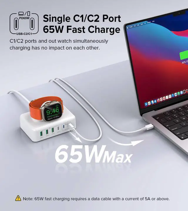 Alt view image 3 of 7 - 7 in 1 Fast Charger Station for iPhone & Apple Watch, 170W 6-Port PD GaN USB C Charging Block, Compact Travel Charger for MacBook Pro/Air, iPad Pro, Apple Watch 10 9 8 7 6 5, iPhone 17/16/15/14/13