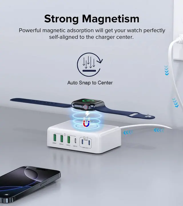 Alt view image 2 of 7 - 7 in 1 Fast Charger Station for iPhone & Apple Watch, 170W 6-Port PD GaN USB C Charging Block, Compact Travel Charger for MacBook Pro/Air, iPad Pro, Apple Watch 10 9 8 7 6 5, iPhone 17/16/15/14/13