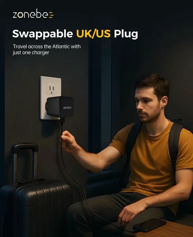Alt view image 3 of 6 - 65W GaN Ultra-Fast Charger with Retractable Cable, Dual USB-C Ports, Foldable Plug for MacBook Air/Pro, iPad, iPhone, Samsung Galaxy, HP/Dell/Lenovo, Chromebook