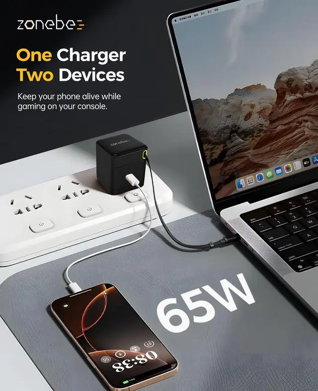 Alt view image 2 of 6 - 65W GaN Ultra-Fast Charger with Retractable Cable, Dual USB-C Ports, Foldable Plug for MacBook Air/Pro, iPad, iPhone, Samsung Galaxy, HP/Dell/Lenovo, Chromebook