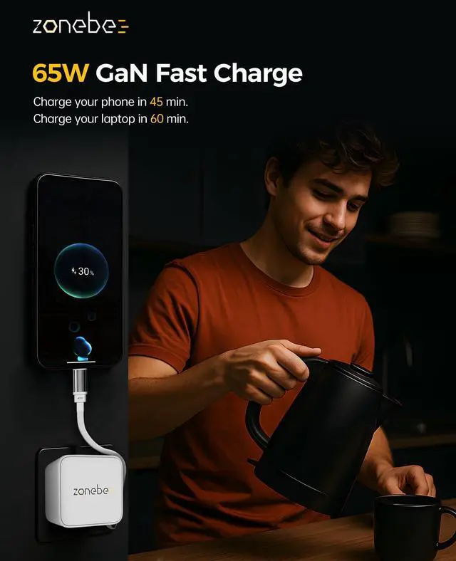 Alt view image 4 of 6 - 65W GaN Ultra-Fast Charger with Retractable Cable, Dual USB-C Ports, Foldable Plug for MacBook Air/Pro, iPad, iPhone, Samsung Galaxy, HP/Dell/Lenovo, Chromebook