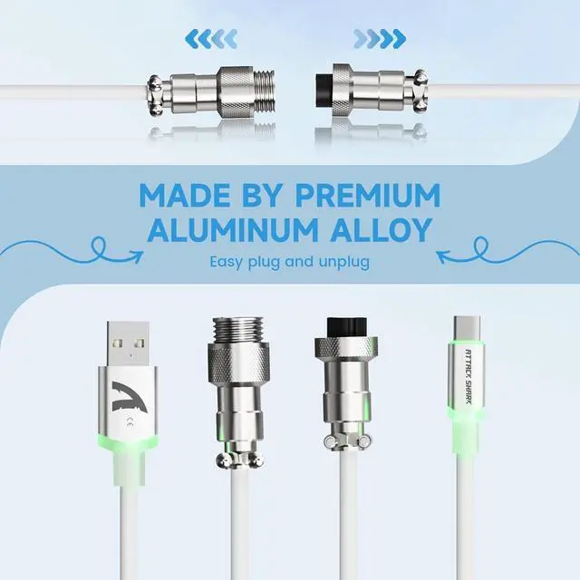 Alt view image 2 of 7 - C01 ULTRA Coiled USB C Cable Double Sleeved with RGB Light Plug,Detachable Metal Aviator,Type-C to USB-A Mechanical Gaming Keyboard Cable for Win Mac PS4 Xbox Switch Printer Tablet(White)