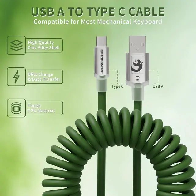 Alt view image 5 of 7 - C01 Ultra RGB Coiled Keyboard Cable,Pro Custom USB-C Aviator Cable for Gaming Keyboards,Stable Dual-Sleeved Design,2m Type-C to USB-A Hyper-Speed,Detachable Metal Aviator for PC Gamer,Green