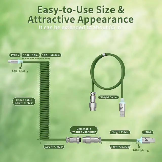 Alt view image 7 of 7 - C01 Ultra RGB Coiled Keyboard Cable,Pro Custom USB-C Aviator Cable for Gaming Keyboards,Stable Dual-Sleeved Design,2m Type-C to USB-A Hyper-Speed,Detachable Metal Aviator for PC Gamer,Green