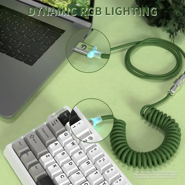 Alt view image 2 of 7 - C01 Ultra RGB Coiled Keyboard Cable,Pro Custom USB-C Aviator Cable for Gaming Keyboards,Stable Dual-Sleeved Design,2m Type-C to USB-A Hyper-Speed,Detachable Metal Aviator for PC Gamer,Green