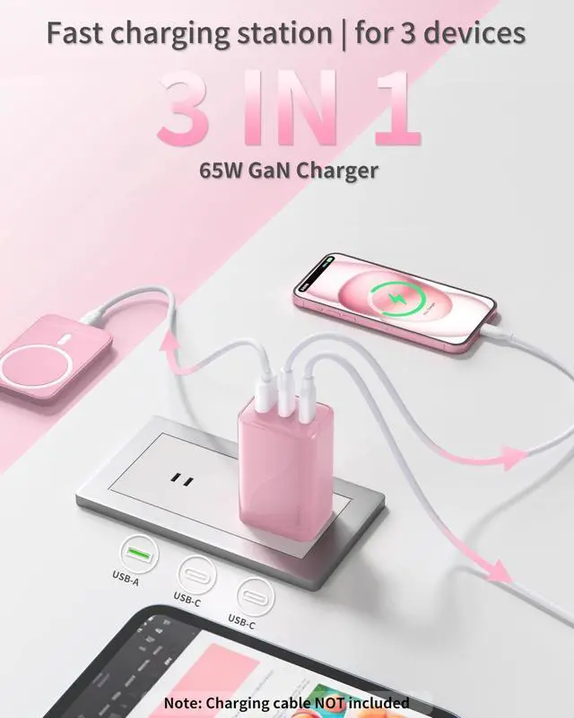 Alt view image 2 of 7 - 65W GaN USB C Wall Charger Block Pink,3-Port iPhone 17 16 15 Type C Charger Fast Charging Block Power Adapter for MacBook,Compact Foldable Plug for iPad, Switch,Laptops,Tablets,Samsung S26/25, Pixel