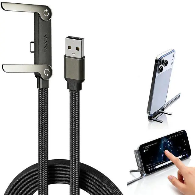 Main image of 2 in 1 USB C Charger Cable with Invisible Stand, USB A to USB C 65w Fast Charging Braided Cord and Phone Stand Compatible with iPhone,Samsung and Android Phone,Type C PD Charging Cable,5ft,Black