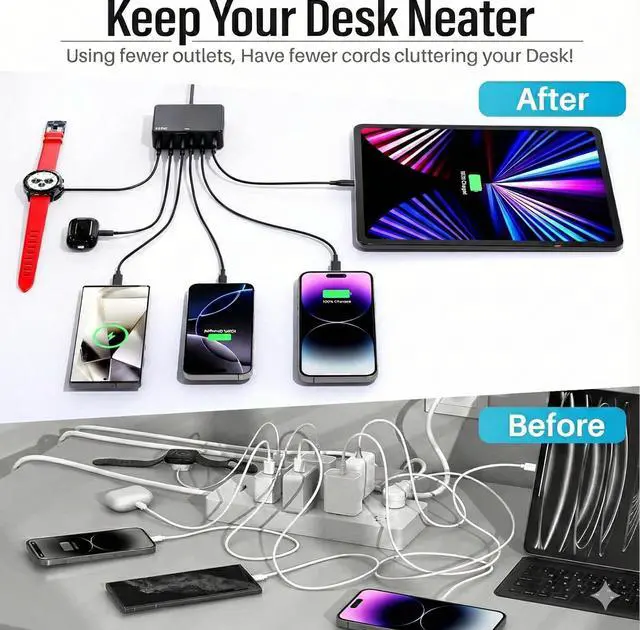 Alt view image 3 of 7 - 100W USB C Charging Station, 6-Port GaN III Desktop Hub (30W Max Per Port), Compatible with iPhone 17, 16, 15, Pro Max, 14, 13, 12, 11, iPad, iPad Pro, & Samsung Galaxy S26/S25/S24 - Black