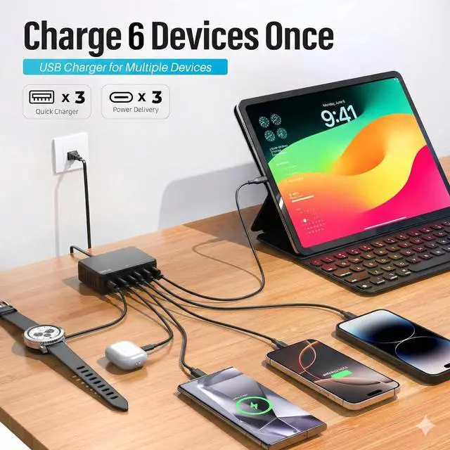 Alt view image 5 of 7 - 100W USB C Charging Station, 6-Port GaN III Desktop Hub (30W Max Per Port), Compatible with iPhone 17, 16, 15, Pro Max, 14, 13, 12, 11, iPad, iPad Pro, & Samsung Galaxy S26/S25/S24 - Black