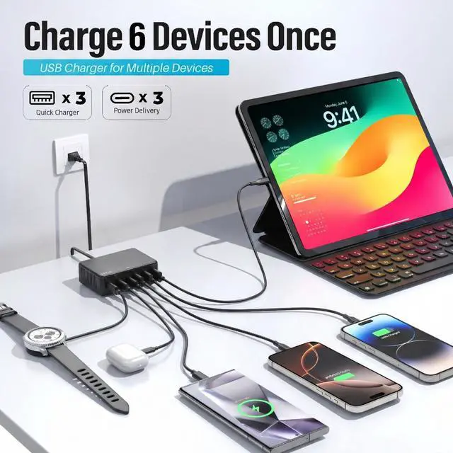 Alt view image 7 of 7 - 100W USB C Charging Station, 6-Port GaN III Desktop Hub (30W Max Per Port), Compatible with iPhone 17, 16, 15, Pro Max, 14, 13, 12, 11, iPad, iPad Pro, & Samsung Galaxy S26/S25/S24 - Black