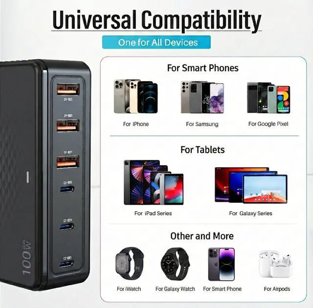 Alt view image 4 of 7 - 100W USB C Charging Station, 6-Port GaN III Desktop Hub (30W Max Per Port), Compatible with iPhone 17, 16, 15, Pro Max, 14, 13, 12, 11, iPad, iPad Pro, & Samsung Galaxy S26/S25/S24 - Black