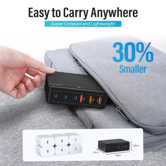 Alt view image 6 of 7 - 100W USB C Charging Station, 6-Port GaN III Desktop Hub (30W Max Per Port), Compatible with iPhone 17, 16, 15, Pro Max, 14, 13, 12, 11, iPad, iPad Pro, & Samsung Galaxy S26/S25/S24 - Black