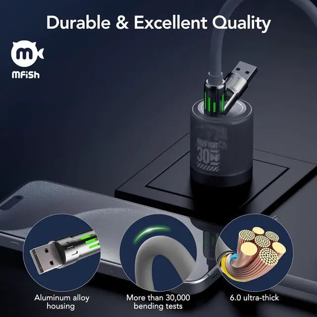 Alt view image 4 of 7 - 240W USB C to Lightning Cable, USB C to USB C Cable 6.6FT, USB A/C to C/Lightning 4 in 1 Charging Cable with Carrying Case for iPhone 17/16/15/14, MacBook, iPad, Samsung S25/S24 (Grey, 6.6Ft)