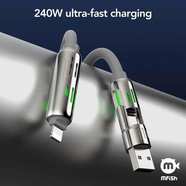 Alt view image 2 of 7 - 240W USB C to Lightning Cable, USB C to USB C Cable 6.6FT, USB A/C to C/Lightning 4 in 1 Charging Cable with Carrying Case for iPhone 17/16/15/14, MacBook, iPad, Samsung S25/S24 (Grey, 6.6Ft)