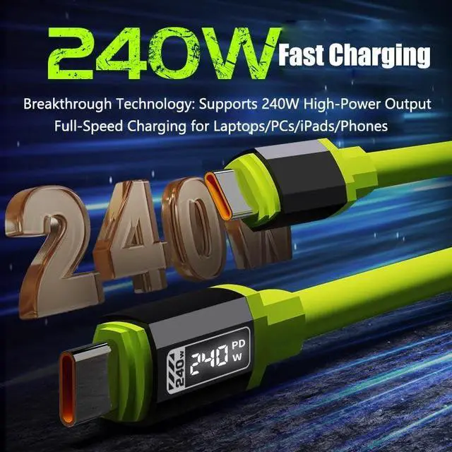 Alt view image 2 of 7 - Teilybao USB C Cable, 240W 4.92FT 6A Fast Charging USB C Charger Cable with LED Display, Zinc Alloy Silicone USB C to USB C Cable for iPhone 16/Pro/Plus/Pro Max, MacBook, iPad Pro, Galaxy S24/S23