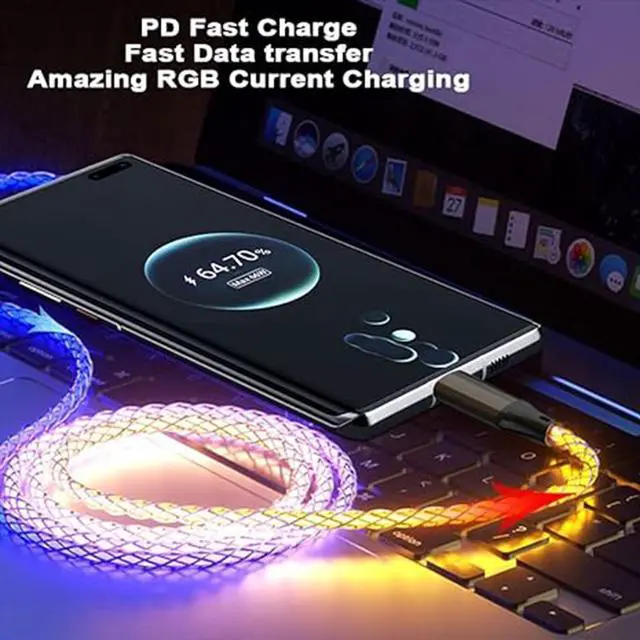 Alt view image 5 of 5 - USB C to USB C LED Light Up RGB USB C Charging Cable,Fast Charging Cord for iPhone 15 Pro Max Plus, iPad mini Pro Air, MacBook and Galaxy Note Pixel etc(66W 3.3FT)