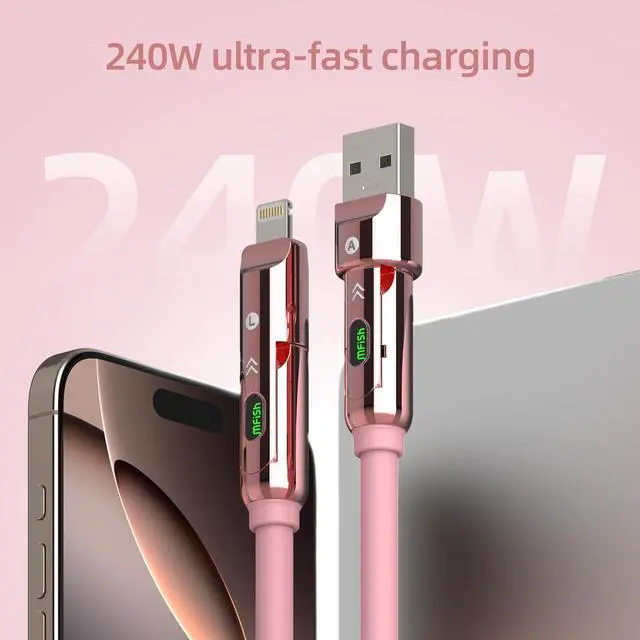 Alt view image 2 of 7 - 4 in 1 Charging Cable, 240W Max Fast Charger Cord 6.6FT with Carrying Case, Silicone USB A/C to Lightning/C with Light, Multi Universal Cable for iPhone 17/16/MacBook/iPad/Laptop/Carplay, Pink