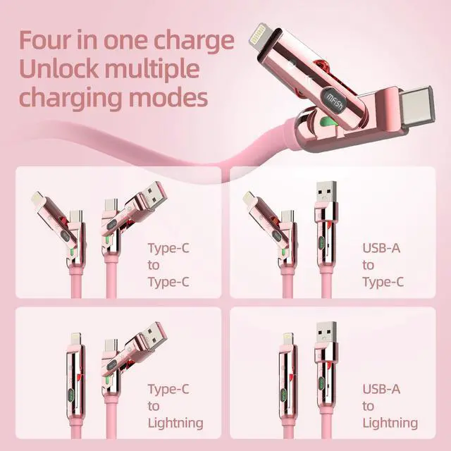 Alt view image 5 of 7 - 4 in 1 Charging Cable, 240W Max Fast Charger Cord 6.6FT with Carrying Case, Silicone USB A/C to Lightning/C with Light, Multi Universal Cable for iPhone 17/16/MacBook/iPad/Laptop/Carplay, Pink