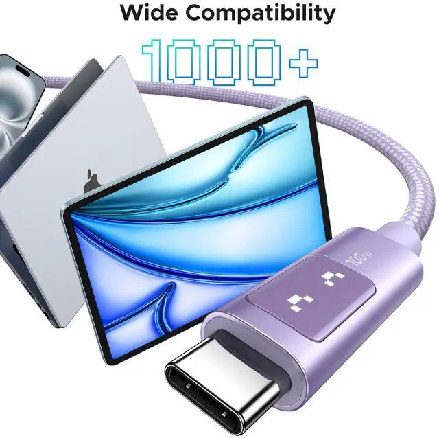 Alt view image 5 of 7 - Uno USB C to USB C Cable 100W Fast Charging Cable Type C Charging Cord with LED Display for iPhone 17/17 Air/17 Pro/17 Pro Max/16, MacBook Pro/Air, iPad Pro/Air, Galaxy S25 Ultra 3.3FT Purple