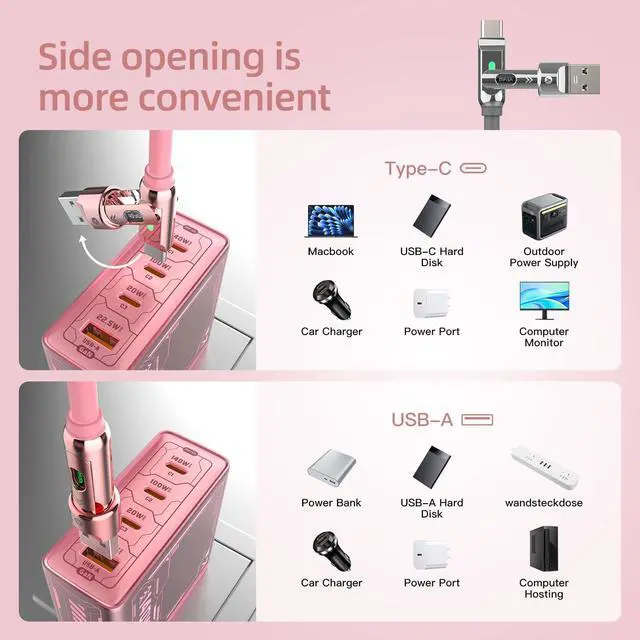Alt view image 3 of 7 - 4 in 1 Charging Cable, 240W Max Fast Charger Cord 6.6FT with Carrying Case, Silicone USB A/C to Lightning/C with Light, Multi Universal Cable for iPhone 17/16/MacBook/iPad/Laptop/Carplay, Pink