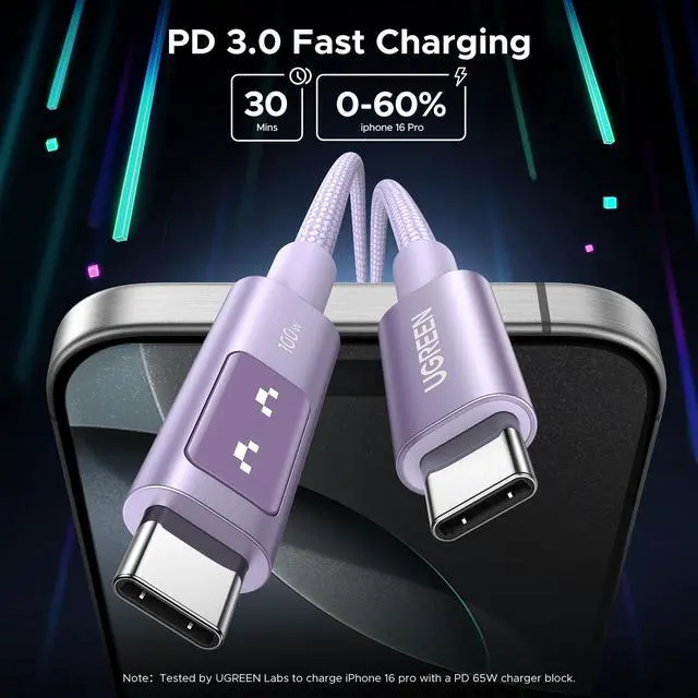 Alt view image 3 of 7 - Uno USB C to USB C Cable 100W Fast Charging Cable Type C Charging Cord with LED Display for iPhone 17/17 Air/17 Pro/17 Pro Max/16, MacBook Pro/Air, iPad Pro/Air, Galaxy S25 Ultra 3.3FT Purple