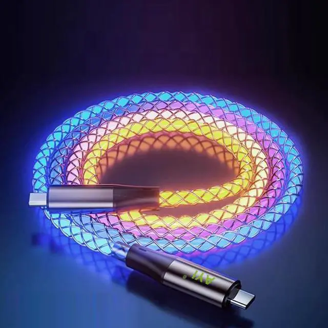 Main image of USB Type C to Type C PD Fast Charging Cable Phone Charger Cord High Data Speed Visible Cool Lighted Up RGB Colorful LED Current Flowing for All USB C Device-RGB/39 Inches