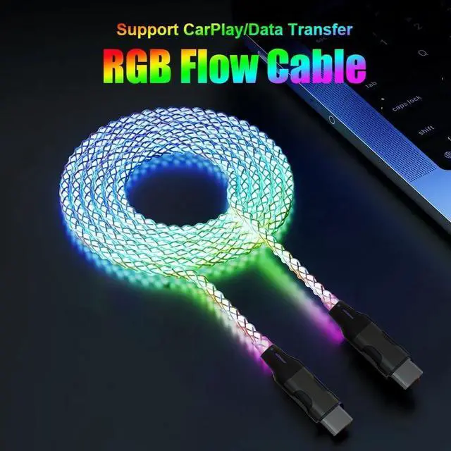 Alt view image 2 of 7 - RGB Flowing LED USB Type C to Type C PD 60W Fast Charging Cable Phone Charger High Data Speed Cool Light Up LED for All USB C Device - Clear/39 Inches Multi-Color