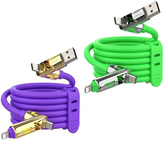Main image of 2-Pack 240W 4-in-1 Multi Charging Cable with Carrying Case, 6.6FT Fast Charge USB-A & USB-C to USB-C/Lightning, for iPhone 17/16/15/14, MacBook, iPad, Samsung S25/S24 (Purple+Green)