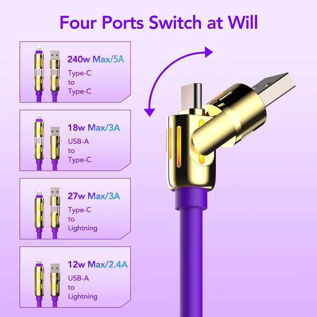 Alt view image 4 of 7 - 2-Pack 240W 4-in-1 Multi Charging Cable with Carrying Case, 6.6FT Fast Charge USB-A & USB-C to USB-C/Lightning, for iPhone 17/16/15/14, MacBook, iPad, Samsung S25/S24 (Purple+Green)