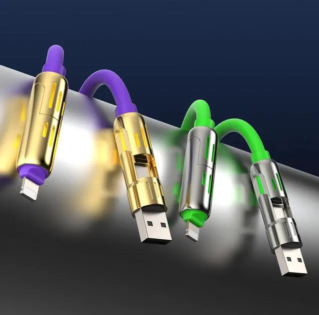 Alt view image 5 of 7 - 2-Pack 240W 4-in-1 Multi Charging Cable with Carrying Case, 6.6FT Fast Charge USB-A & USB-C to USB-C/Lightning, for iPhone 17/16/15/14, MacBook, iPad, Samsung S25/S24 (Purple+Green)