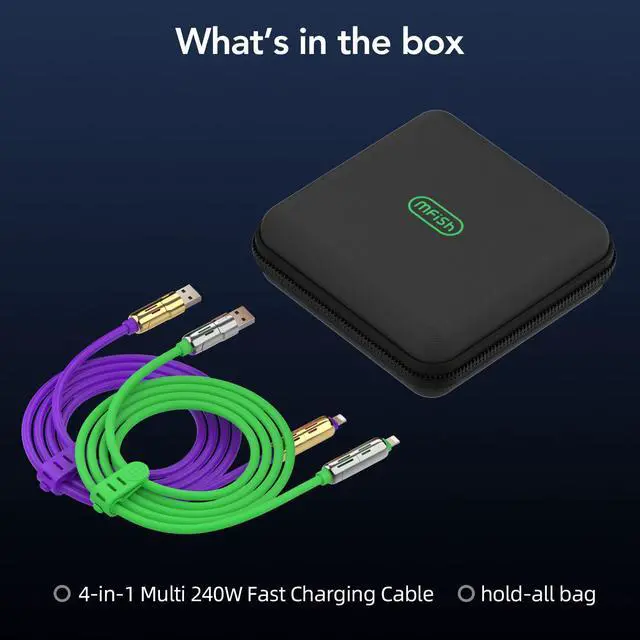 Alt view image 7 of 7 - 2-Pack 240W 4-in-1 Multi Charging Cable with Carrying Case, 6.6FT Fast Charge USB-A & USB-C to USB-C/Lightning, for iPhone 17/16/15/14, MacBook, iPad, Samsung S25/S24 (Purple+Green)