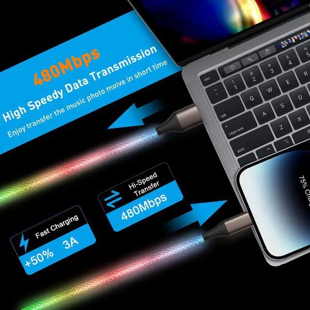 Alt view image 3 of 6 - USB C to USB C Cable, 60W RGB Colorful Gradual LED Light up Type C Fast Charging Cable for iPhone 15/15Pro/ 15Plus/15ProMax MacBook Pro 2020, iPad Pro 2020, iPad Air4, Samsung S23+/S23 Ultra (6 FT)