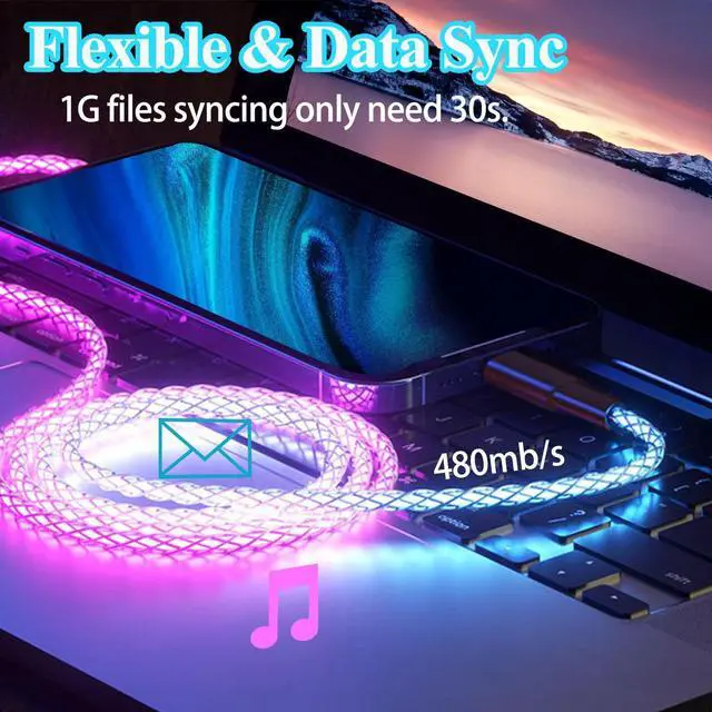 Alt view image 6 of 7 - USB C to Type C LED Light Up Charging Cable, RGB Flowing Light Up Glowing, 66W Fast Charging Cord for Samsung Galaxy S23 S22, iPhone 17/16/15 Pro Max Plus, iPad mini Pro Air, MacBook More (3.3FT)
