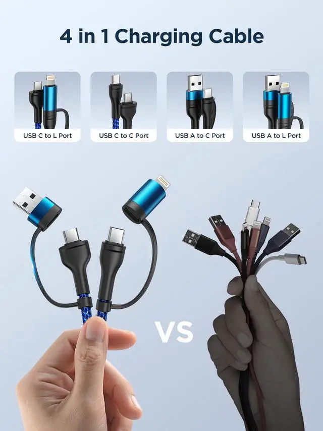 Alt view image 4 of 7 - 4 in 1 Charging Cable, 2Pack 60W USB C to Lightning Cable 6.6FT, USB A/C to C/Lightning Multi Charging Cable Fast Charging for iPhone 16 15 14 13 12 Pro Max/iPad Pro/Samsung S25 S24/Switch 2,Blue