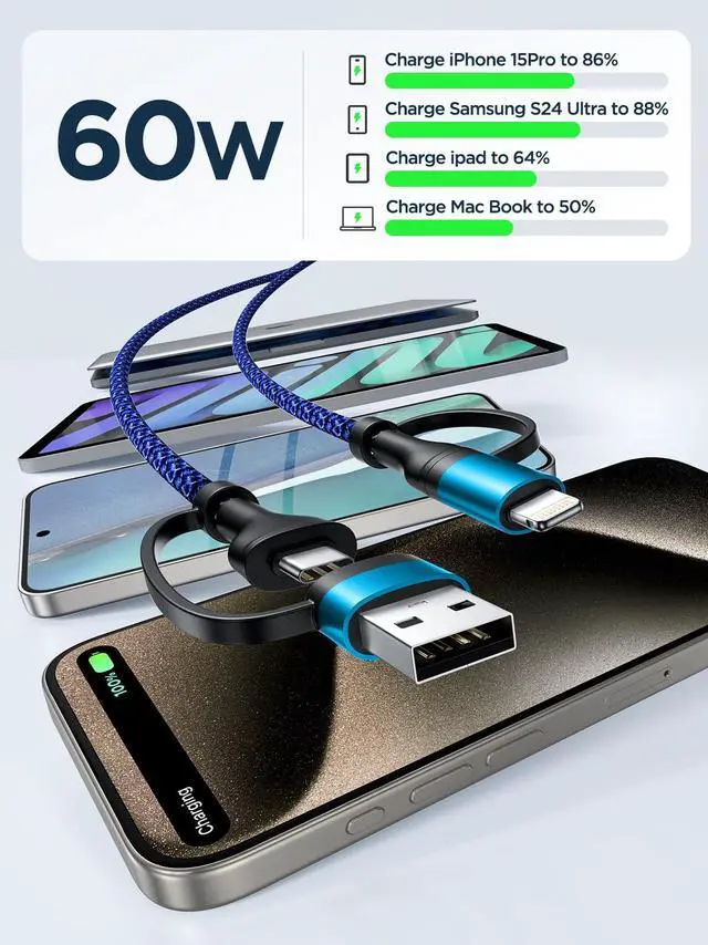 Alt view image 2 of 7 - 4 in 1 Charging Cable, 2Pack 60W USB C to Lightning Cable 6.6FT, USB A/C to C/Lightning Multi Charging Cable Fast Charging for iPhone 16 15 14 13 12 Pro Max/iPad Pro/Samsung S25 S24/Switch 2,Blue
