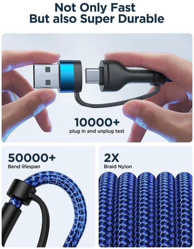Alt view image 5 of 7 - 4 in 1 Charging Cable, 2Pack 60W USB C to Lightning Cable 6.6FT, USB A/C to C/Lightning Multi Charging Cable Fast Charging for iPhone 16 15 14 13 12 Pro Max/iPad Pro/Samsung S25 S24/Switch 2,Blue