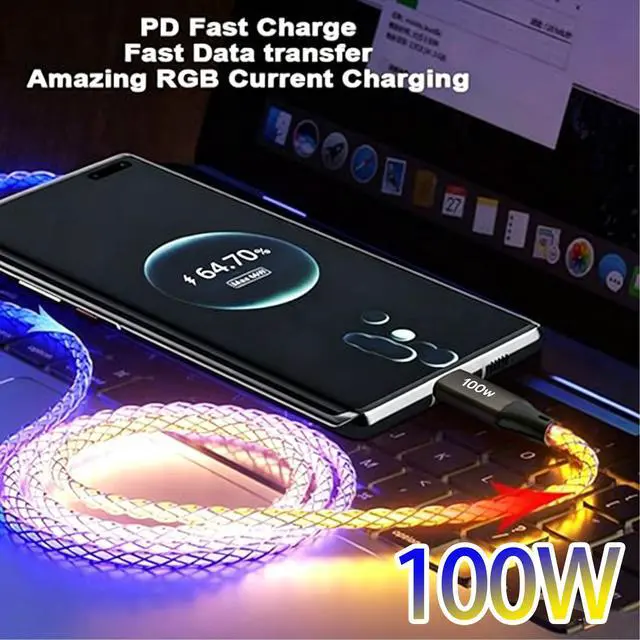 Alt view image 3 of 5 - 100W LED USB C to USB C Cable, Light Up RGB USB C Charging Cable,Fast Charging Cord for iPhone 15 Pro Max Plus, iPad mini Pro Air, MacBook and Galaxy Note Pixel etc (3.3FT)