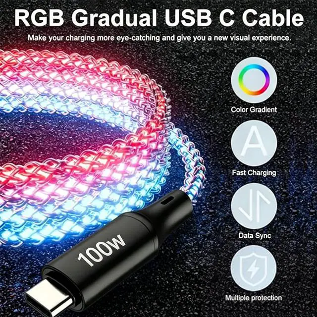 Alt view image 5 of 5 - 100W LED USB C to USB C Cable, Light Up RGB USB C Charging Cable,Fast Charging Cord for iPhone 15 Pro Max Plus, iPad mini Pro Air, MacBook and Galaxy Note Pixel etc (3.3FT)