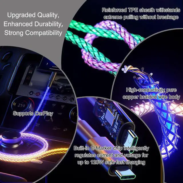 Alt view image 4 of 7 - USB Cable PD Fast Charger Lighted Up (USB C to C RGB),Mobile Phone Data Cable, Charging Cable, Supports Data Transfer, 39-inch, high-Transparency Pure Copper Braided Cable Body.