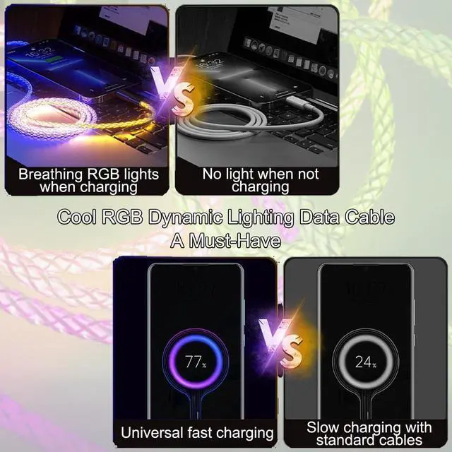 Alt view image 5 of 7 - USB Cable PD Fast Charger Lighted Up (USB C to C RGB),Mobile Phone Data Cable, Charging Cable, Supports Data Transfer, 39-inch, high-Transparency Pure Copper Braided Cable Body.