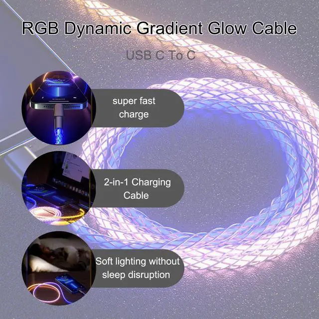 Alt view image 3 of 7 - USB Cable PD Fast Charger Lighted Up (USB C to C RGB),Mobile Phone Data Cable, Charging Cable, Supports Data Transfer, 39-inch, high-Transparency Pure Copper Braided Cable Body.