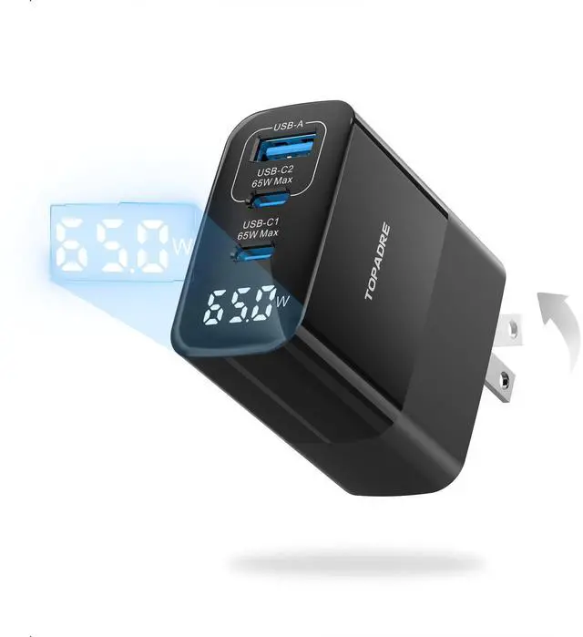 Main image of 65W USB C Charger Block with Led Display, 3 Ports GaN Wall Charger Foldable Compact Type C Fast Charging for MacBook iPad Pro/Air, iPhone 17/16 Pro/Pro Max, for Samsung Galaxy S25/S24, Black