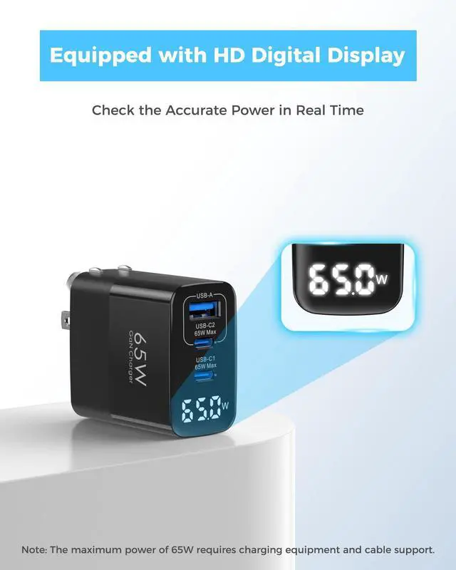 Alt view image 2 of 7 - 65W USB C Charger Block with Led Display, 3 Ports GaN Wall Charger Foldable Compact Type C Fast Charging for MacBook iPad Pro/Air, iPhone 17/16 Pro/Pro Max, for Samsung Galaxy S25/S24, Black
